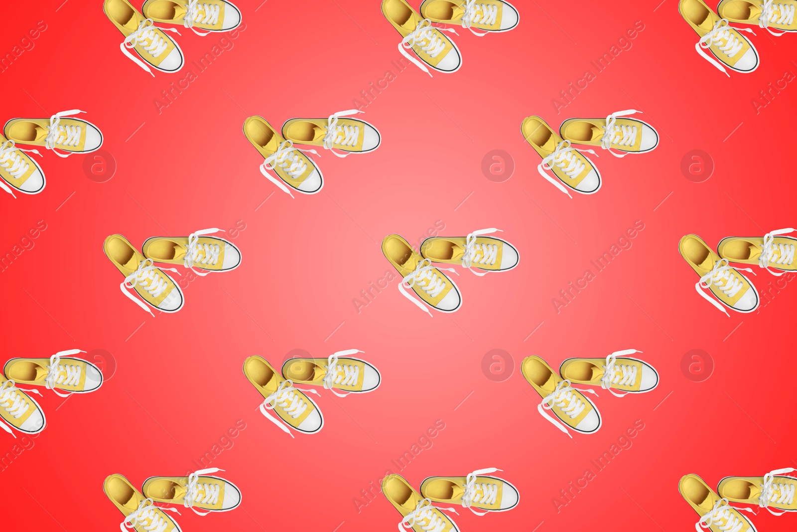 Image of Collage of classic old school yellow sneakers on red background, top view