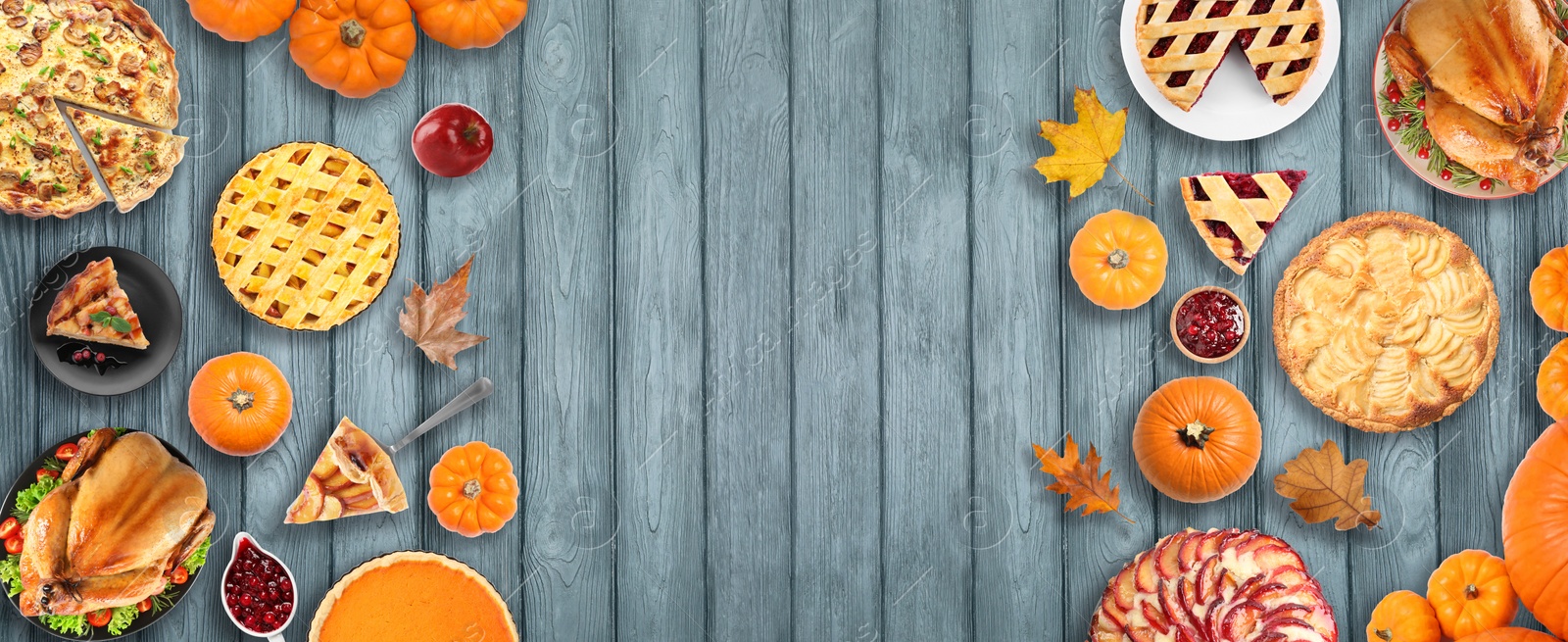 Image of Flat lay composition with different tasty pies on wooden table, space for text. Banner design