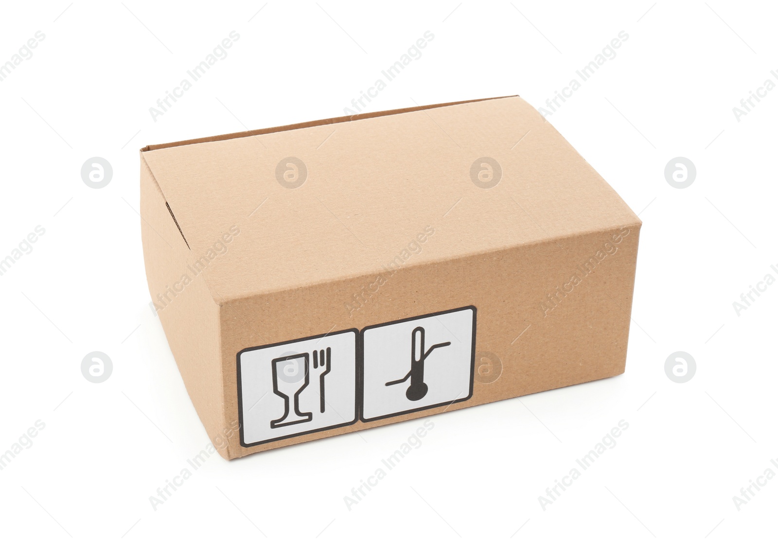 Photo of Cardboard box with different packaging symbols isolated on white. Parcel delivery