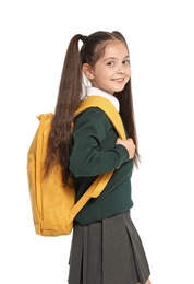 Photo of Little girl in stylish school uniform on white background