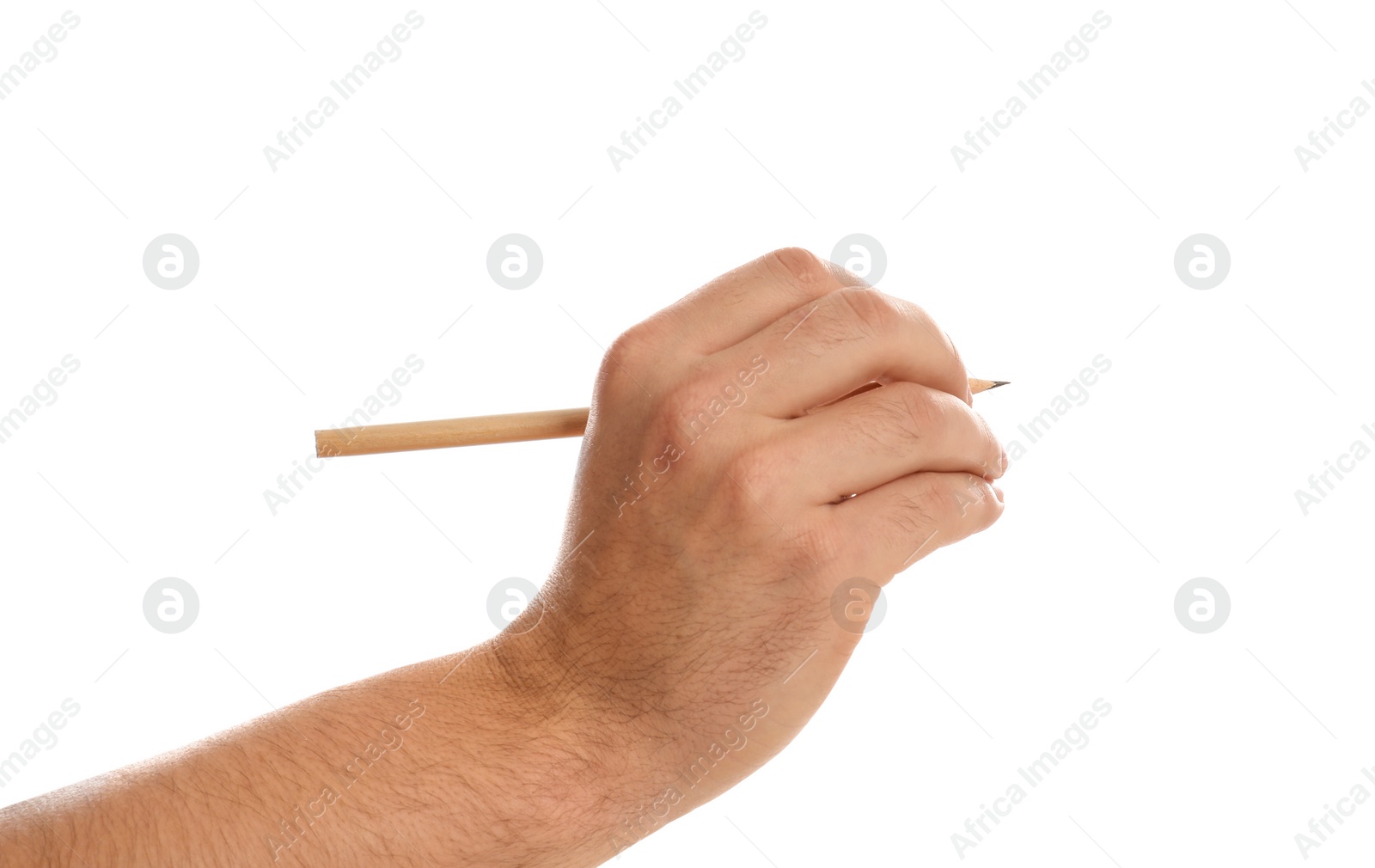 Photo of Man holding pencil on white background, closeup of hand