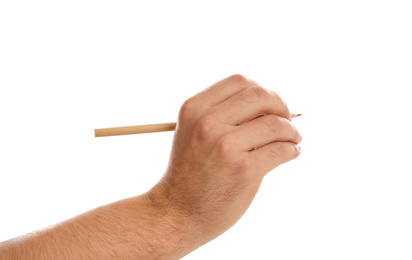 Photo of Man holding pencil on white background, closeup of hand
