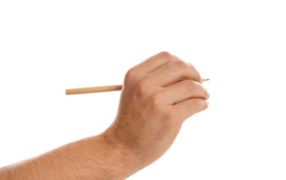 Man holding pencil on white background, closeup of hand