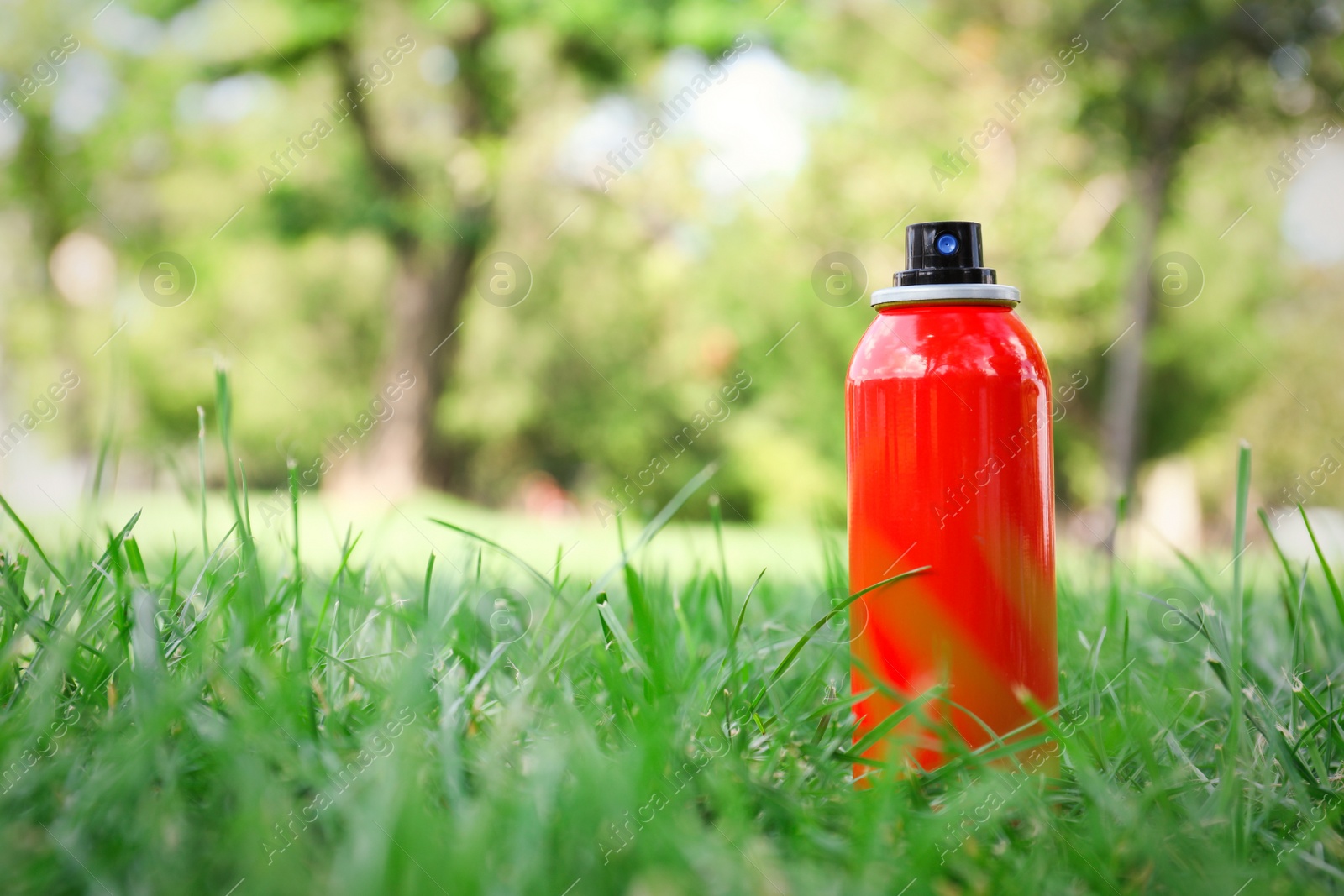 Photo of Bottle of insect repellent spray on grass. Space for text