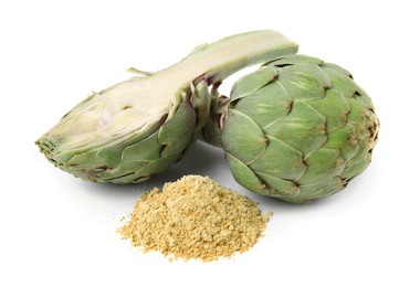Photo of Fresh artichokes and powder isolated on white