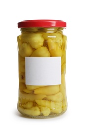 Photo of Glass jar with pickled peppers isolated on white. Space for text