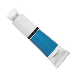Tube with blue oil paint on white background, top view