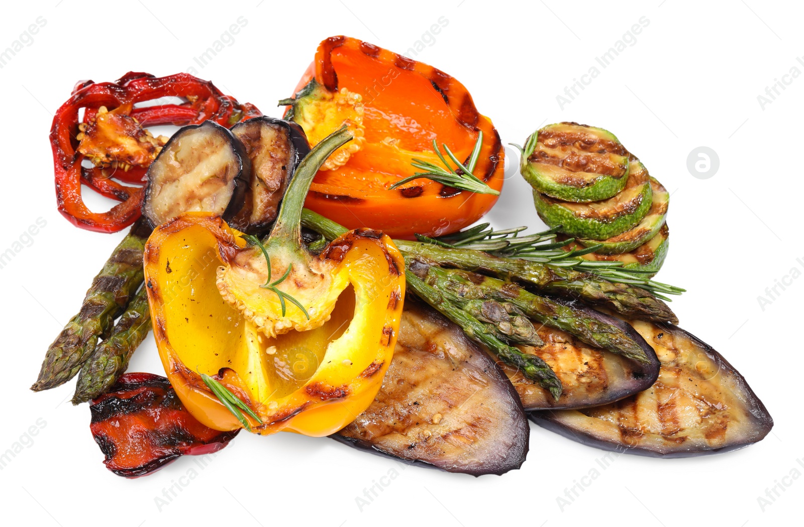 Photo of Different delicious grilled vegetables isolated on white