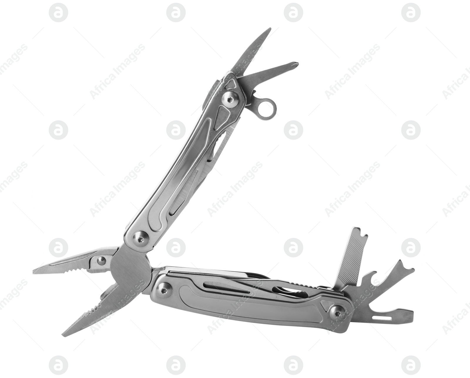 Photo of Compact portable metallic multitool isolated on white