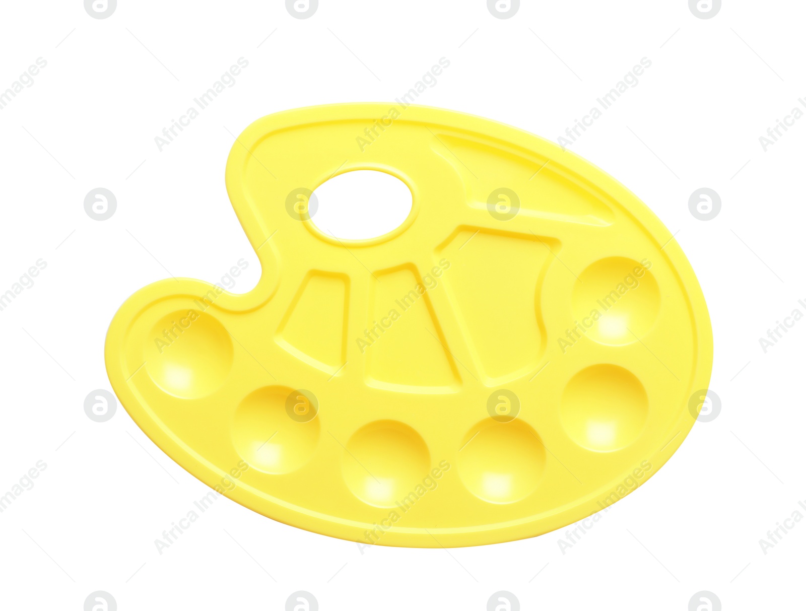 Photo of New plastic palette on white background, top view. Painting equipment for children