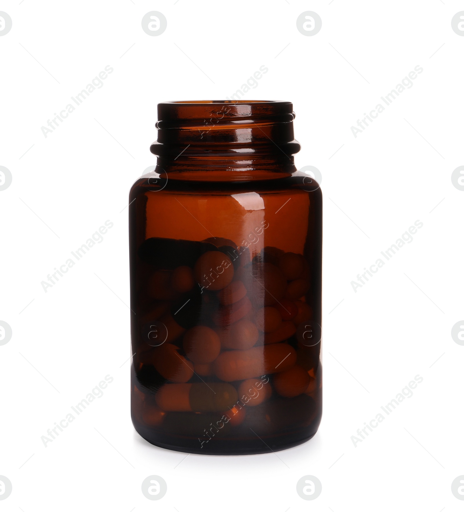 Photo of Plastic medical bottle with many pills isolated on white