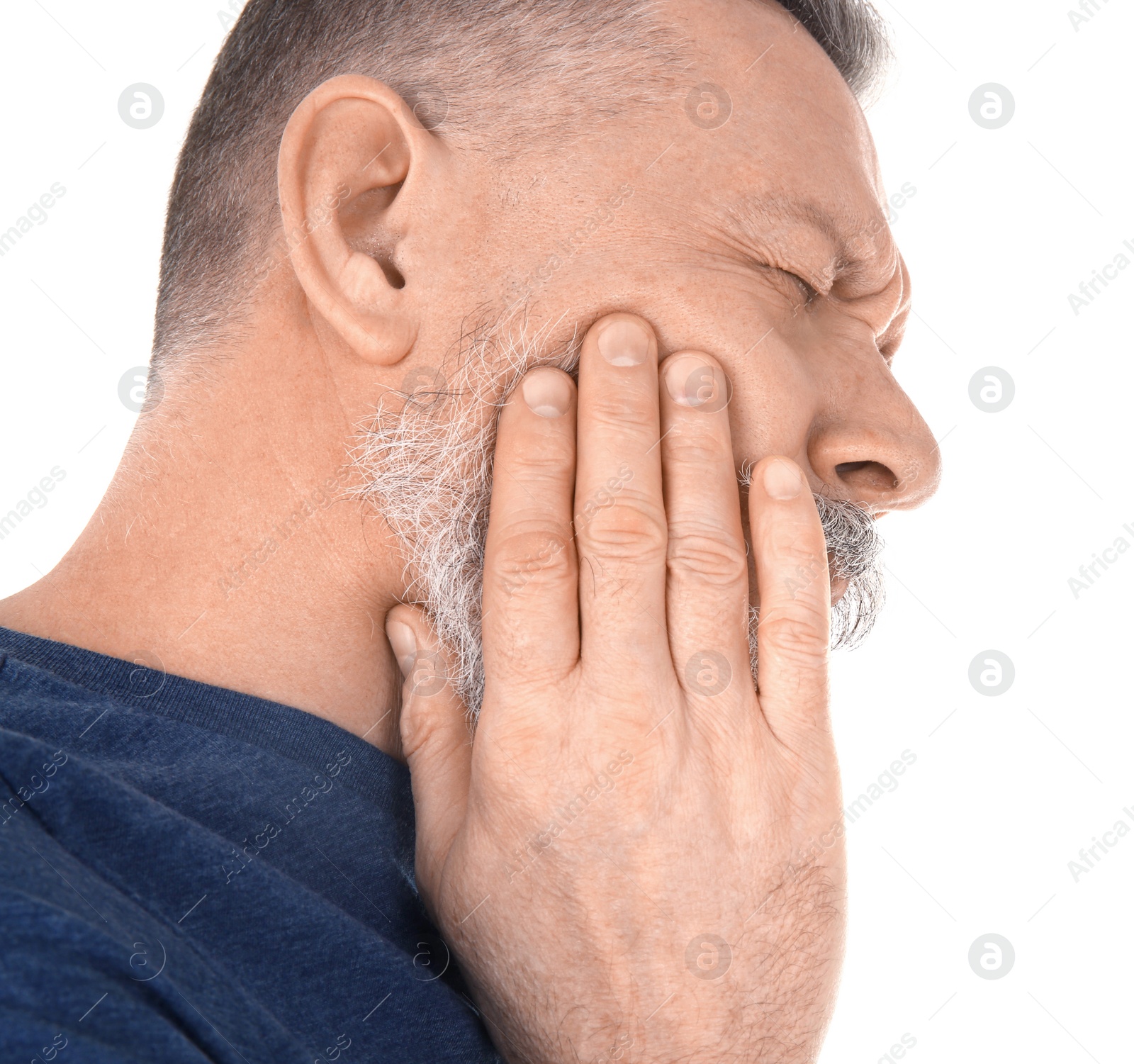 Photo of Man suffering from toothache on white background