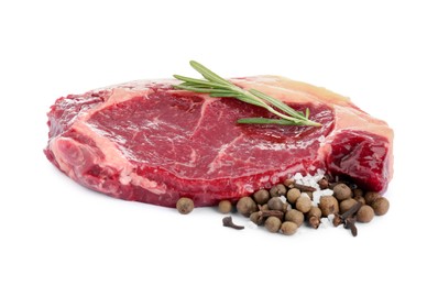Piece of fresh beef meat, rosemary and spices on white background