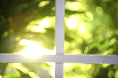 Blurred view through window on garden in morning