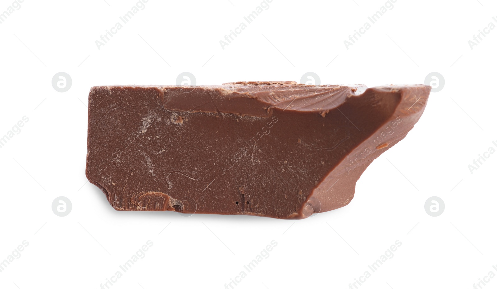 Photo of Piece of tasty milk chocolate isolated on white, top view