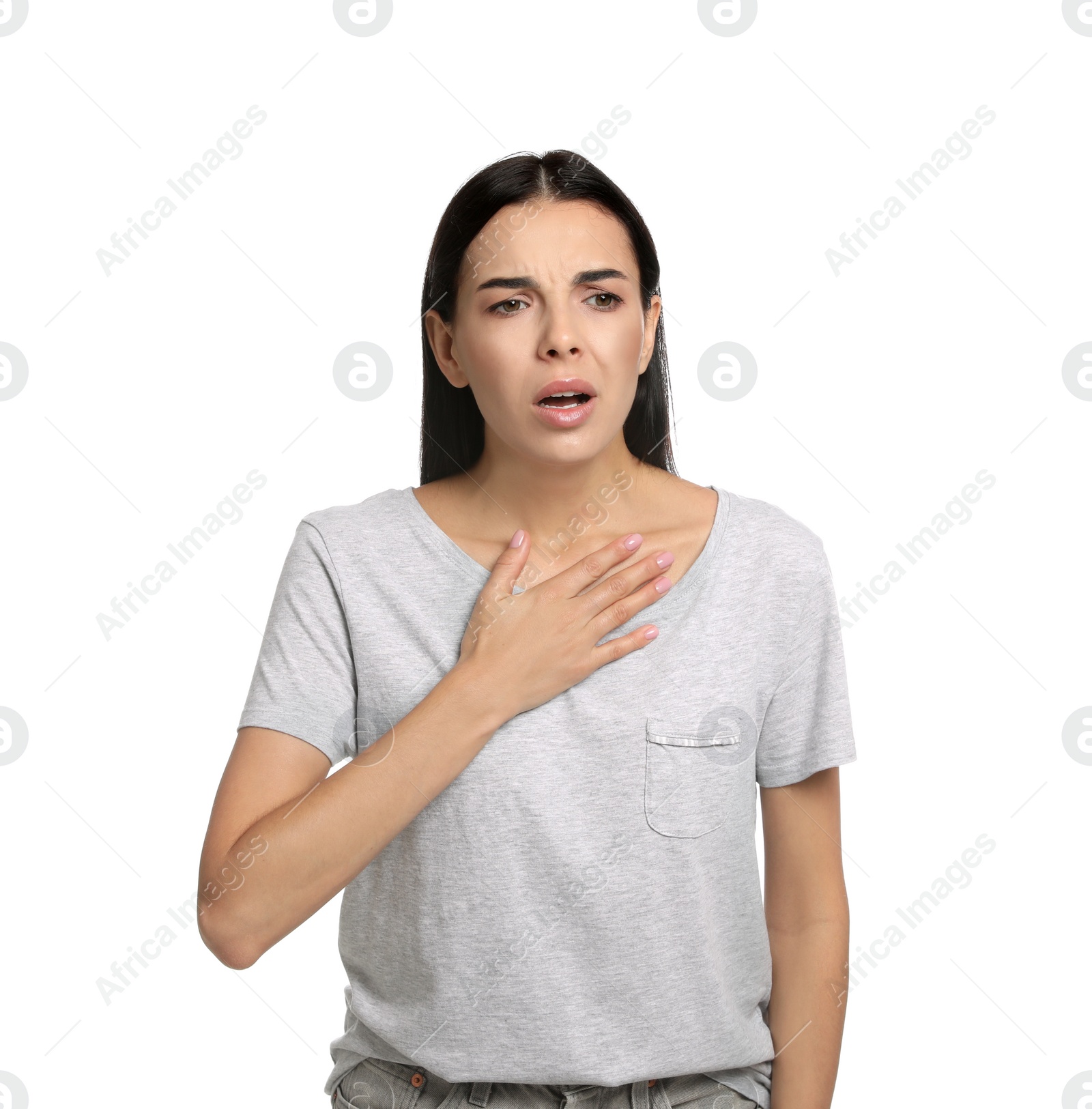 Photo of Young woman suffering from breathing problem on white background