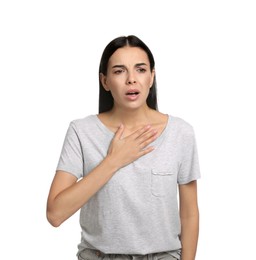 Young woman suffering from breathing problem on white background