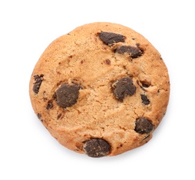 Photo of Tasty chocolate cookie on white background, top view