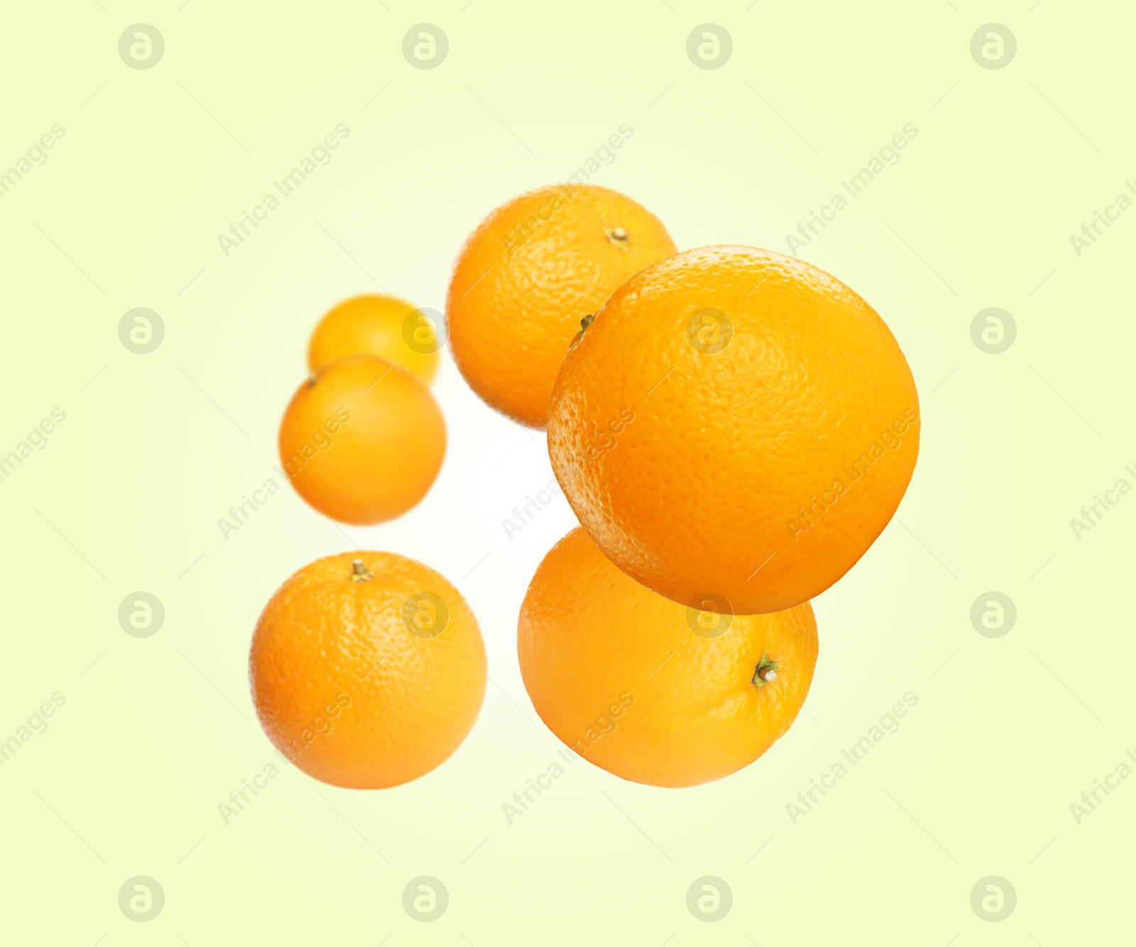 Image of Fresh ripe oranges flying on cream background