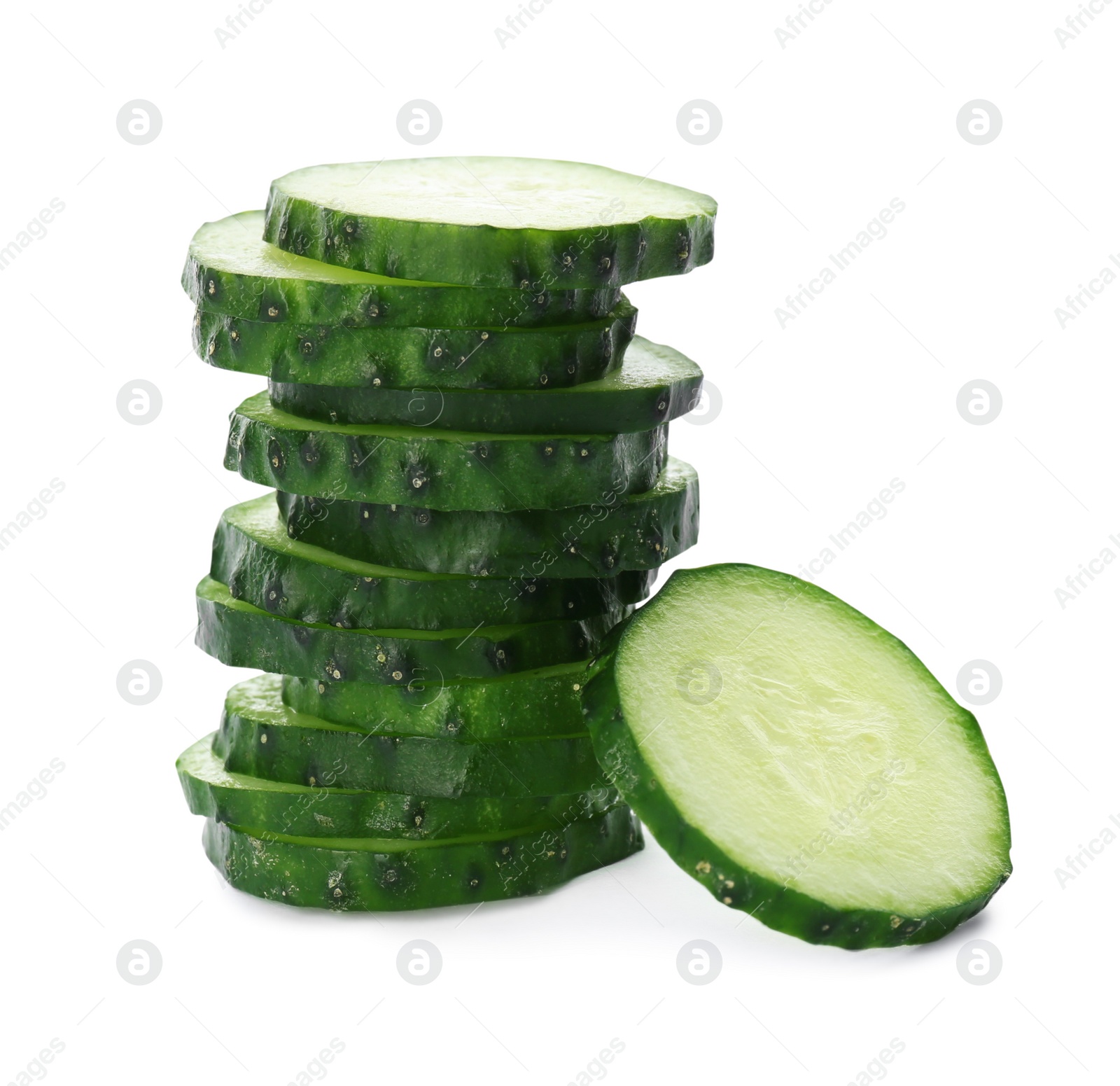 Photo of Stack of cucumber slices on white background