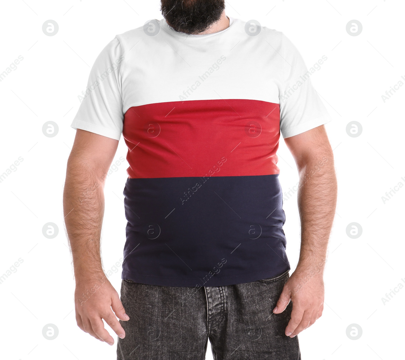 Photo of Fat man on white background, closeup. Weight loss