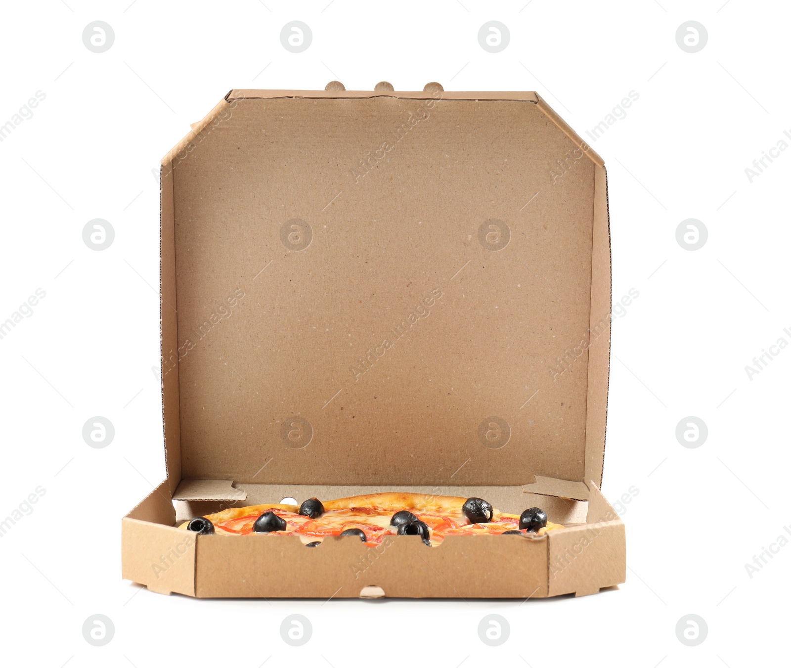 Photo of Open cardboard box with delicious pizza on white background. Food delivery