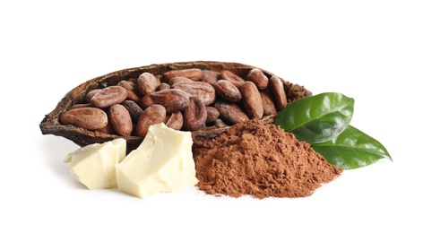 Photo of Composition with cocoa products on white background