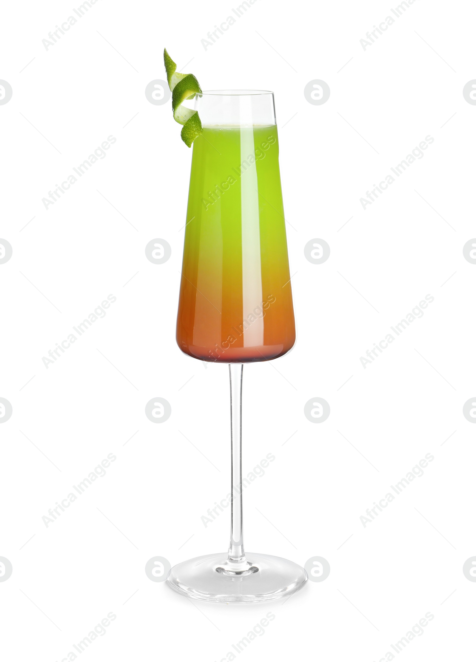 Photo of Glass of Midori Sunset cocktail on white background. Traditional alcoholic drink