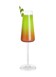 Glass of Midori Sunset cocktail on white background. Traditional alcoholic drink