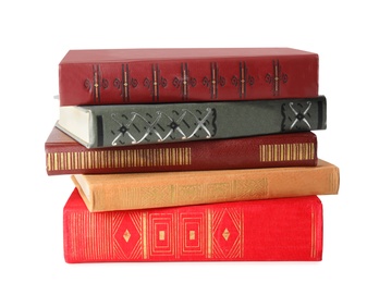 Photo of Stack of hardcover books on white background