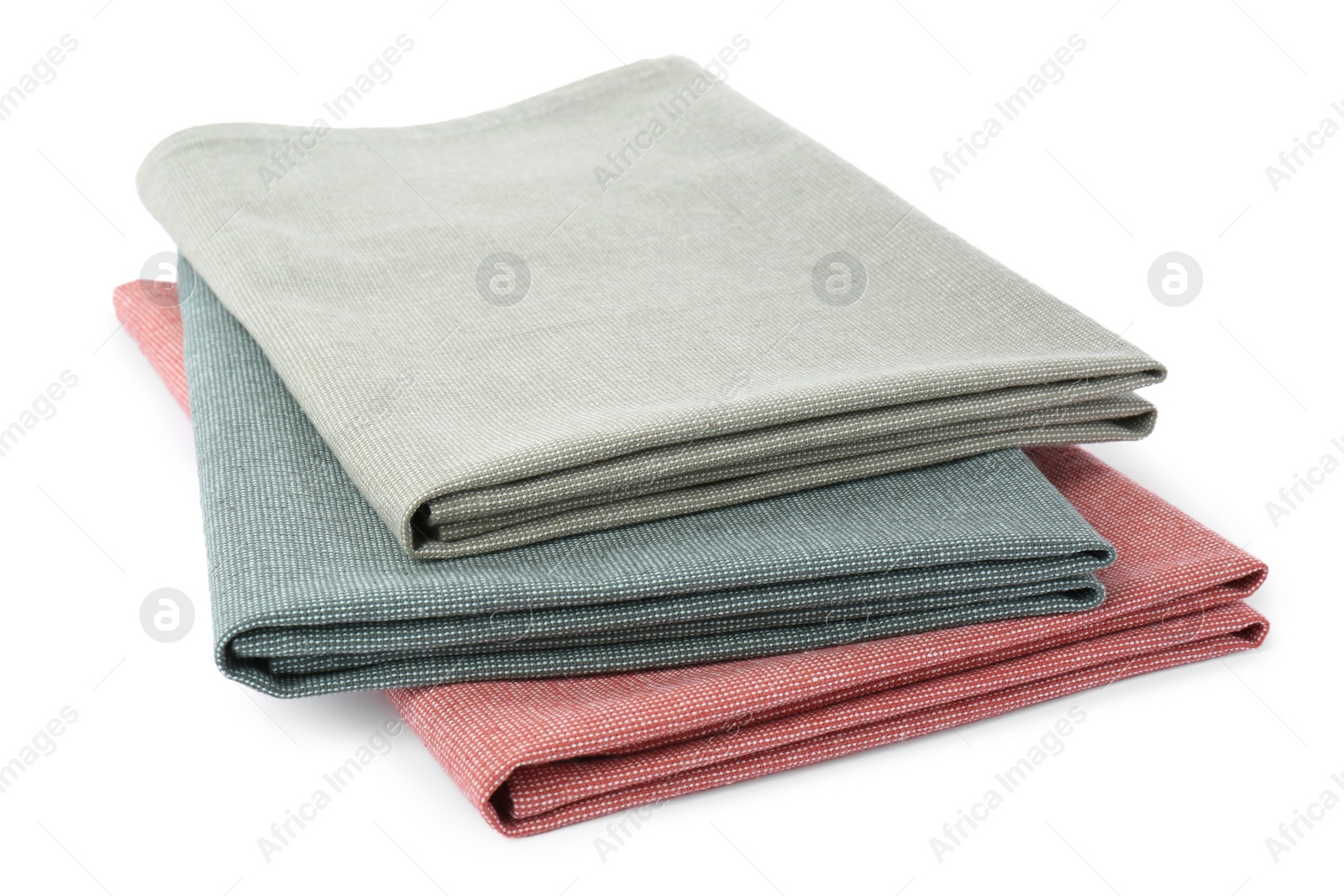 Photo of Stack of clean kitchen towels isolated on white