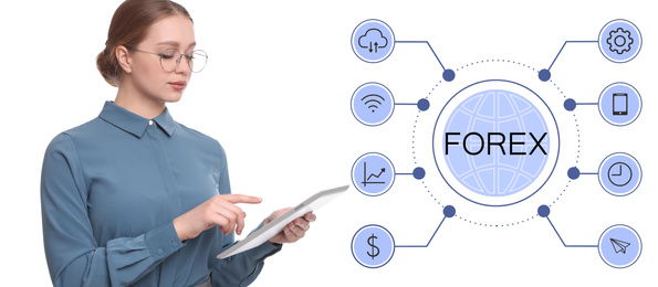Image of Businesswoman with tablet on white background, banner design. Forex trading