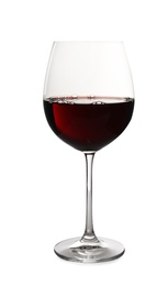 Glass of delicious expensive red wine on white background