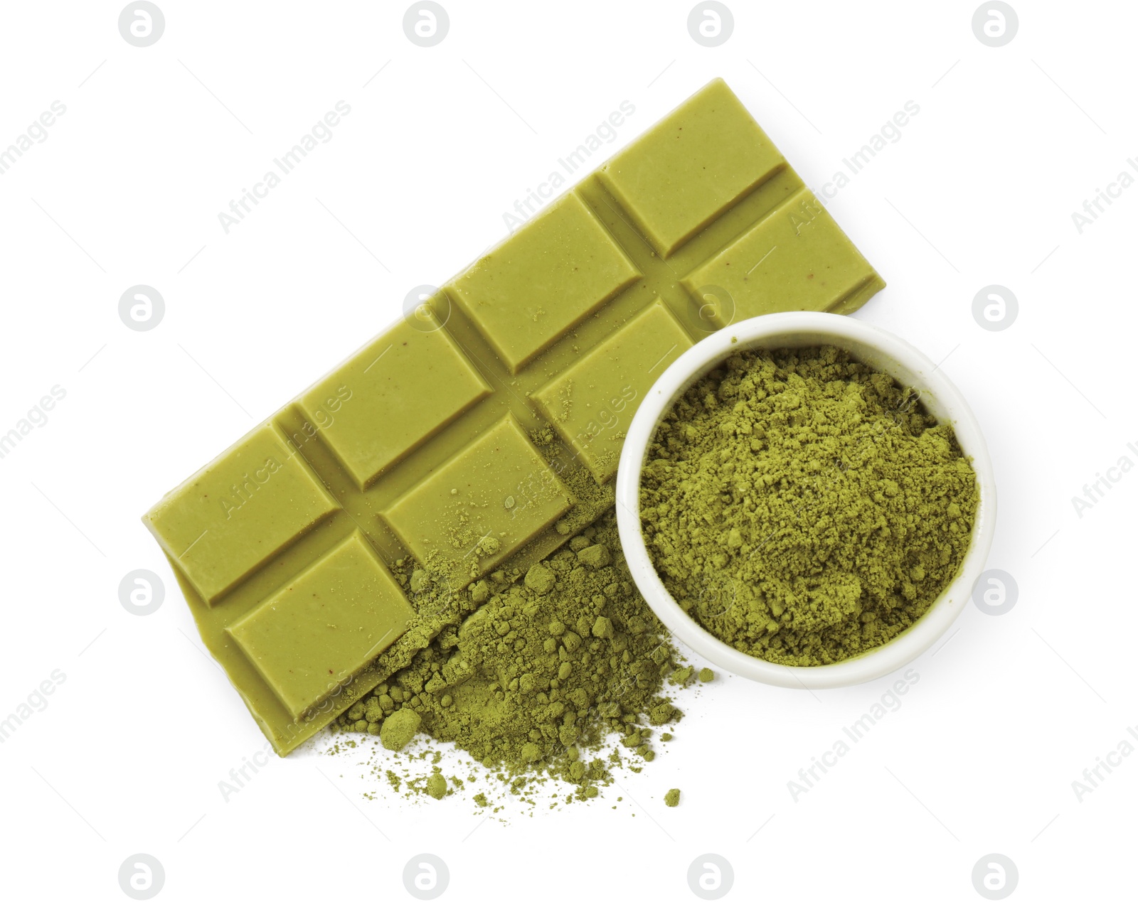 Photo of Piece of tasty matcha chocolate bar and powder isolated on white, top view