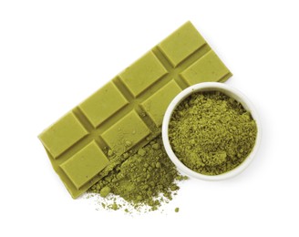 Photo of Piece of tasty matcha chocolate bar and powder isolated on white, top view