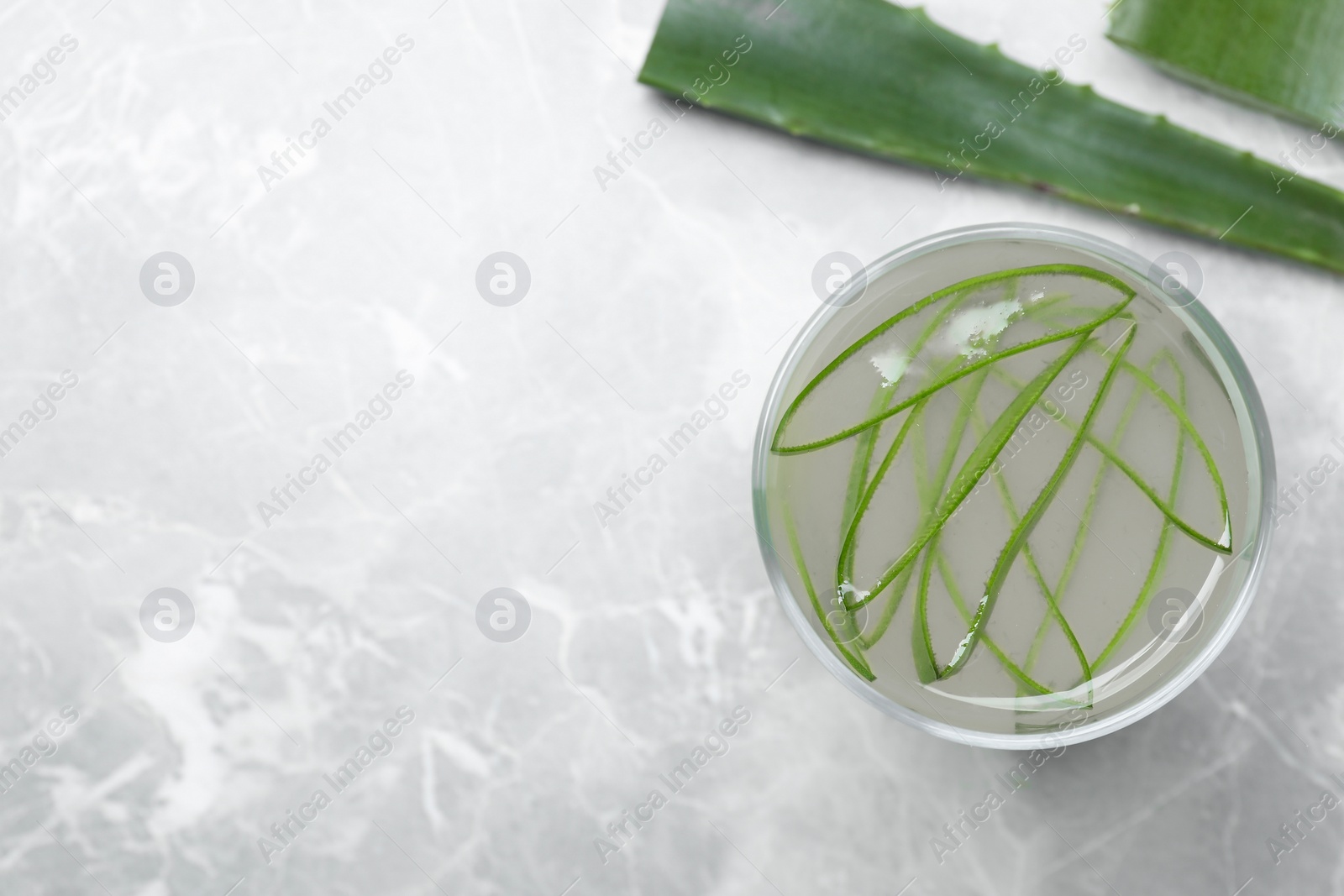 Photo of Tasty aloe juice in glass and cut fresh leaves on light grey table, top view. Space for text