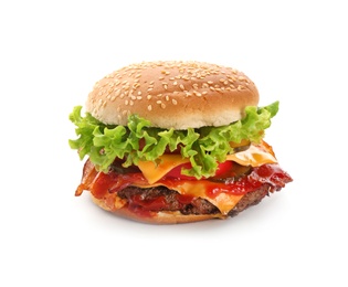 Photo of Tasty burger with bacon on white background