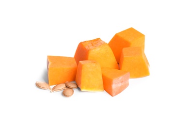 Photo of Pieces of ripe orange pumpkin and seeds on white background