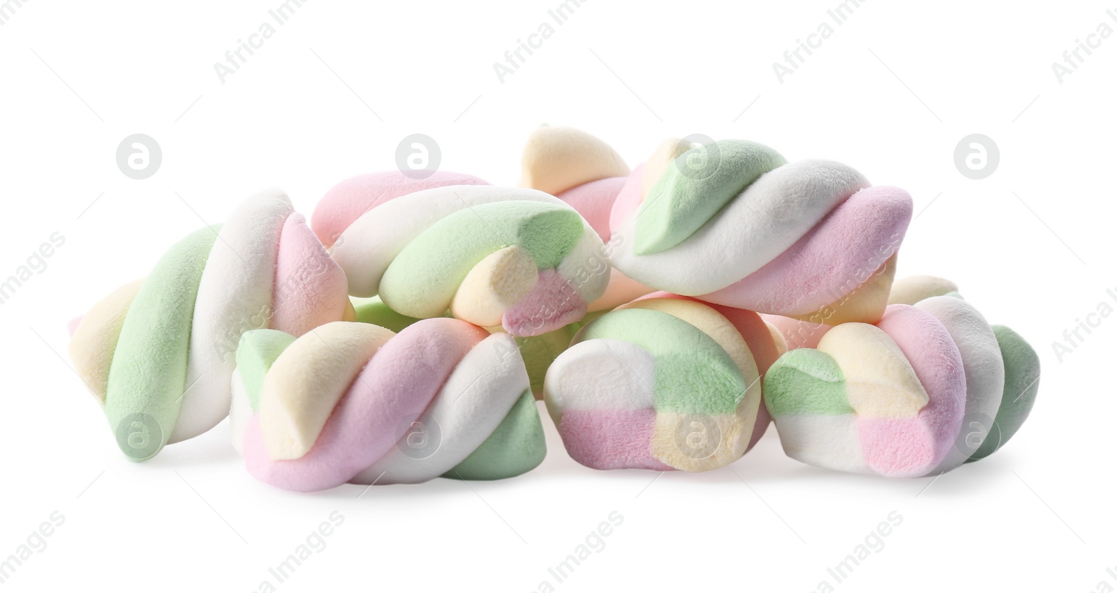 Photo of Pile of delicious colorful marshmallows on white background