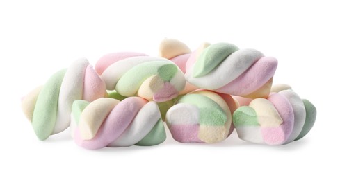 Photo of Pile of delicious colorful marshmallows on white background