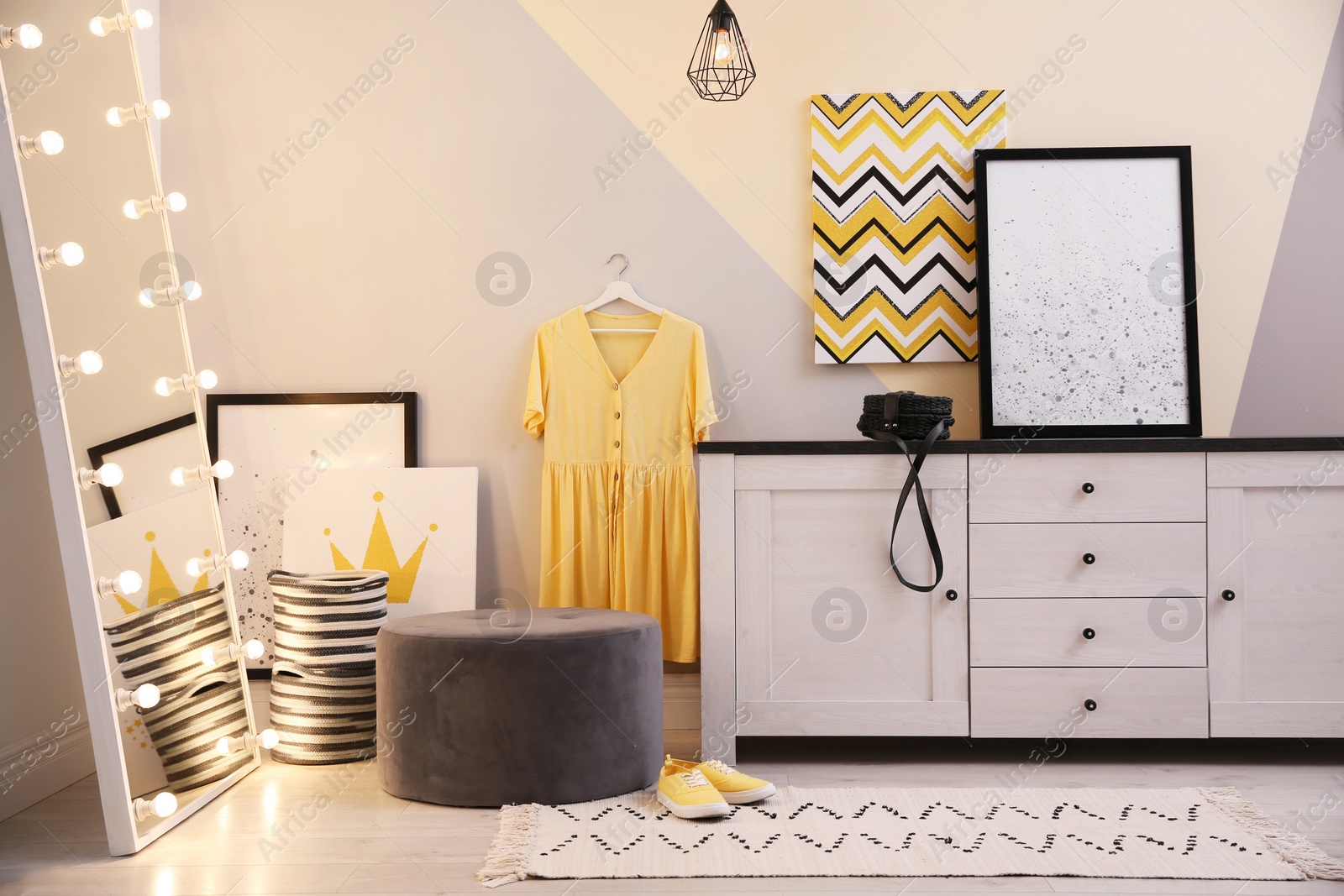 Photo of White chest of drawers in stylish dressing room. Interior design