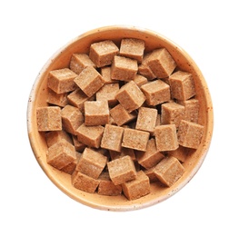 Photo of Bowl with cubes of brown sugar on white background