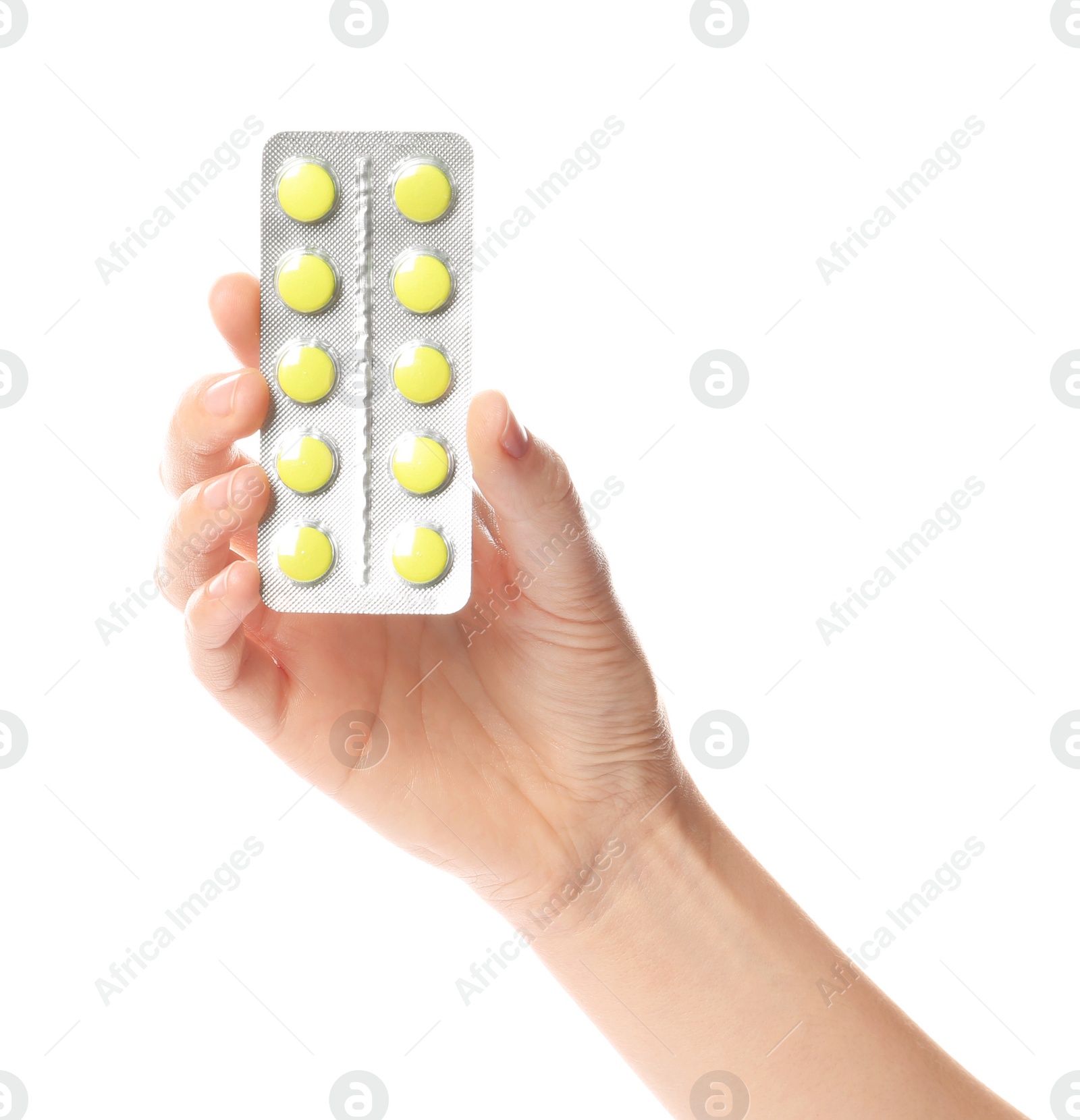 Photo of Woman holding pills in blister pack on white background, closeup