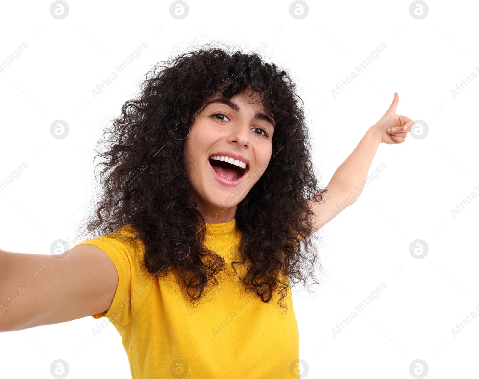 Photo of Beautiful young woman taking selfie on white background