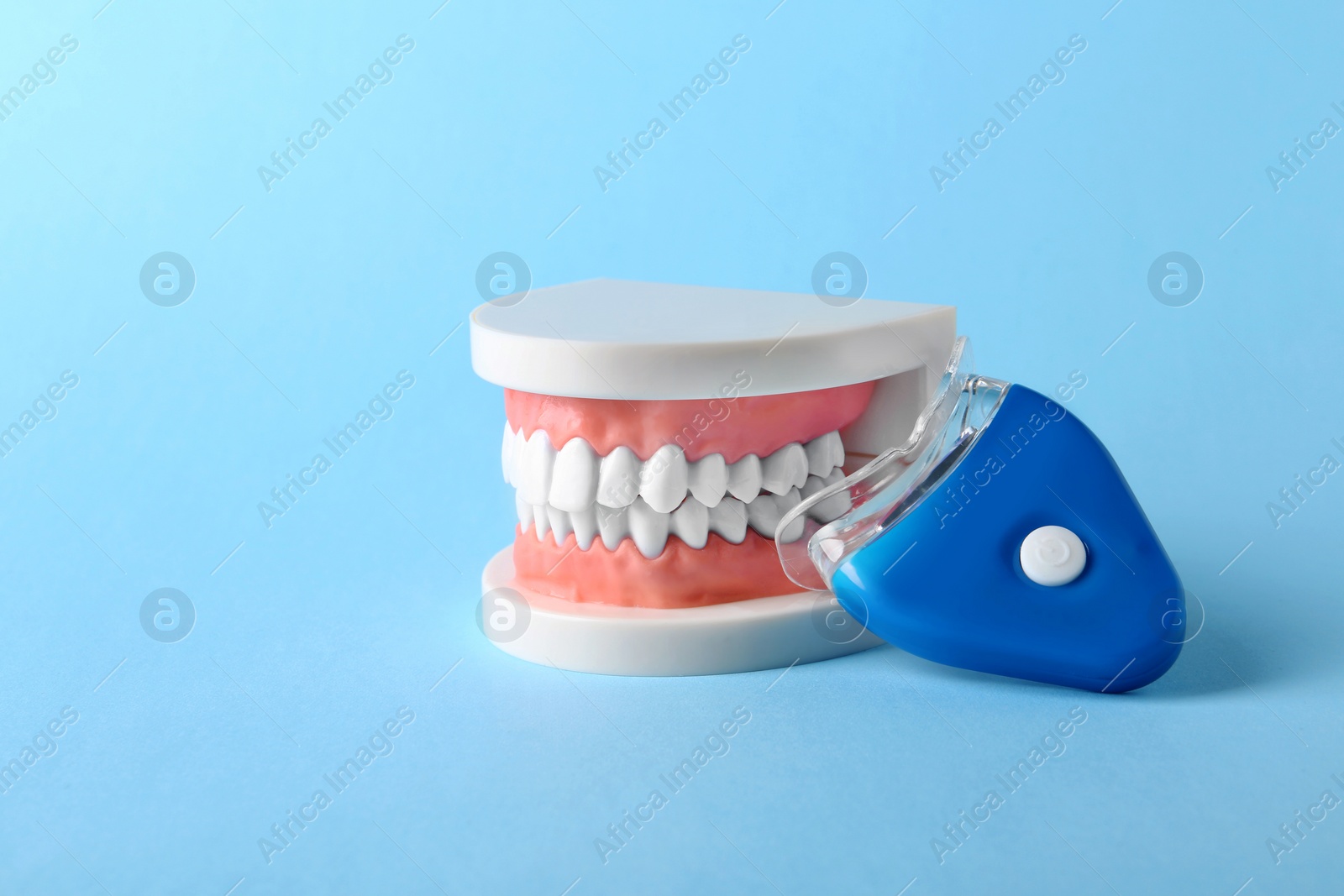 Photo of Educational model of oral cavity with teeth and whitening device on color background