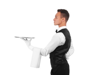 Photo of Waiter holding metal tray on white background
