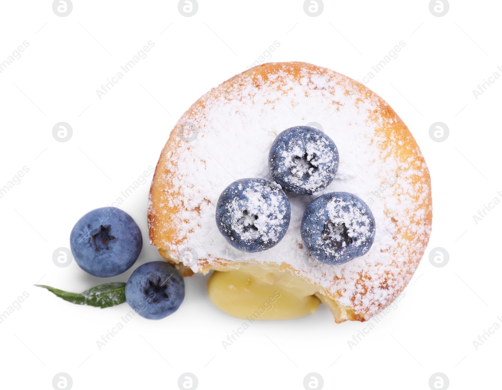 Photo of Tasty vanilla fondant with white chocolate and blueberries isolated on white, top view