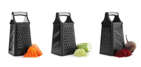 Image of Set with graters and fresh products on white background. Banner design