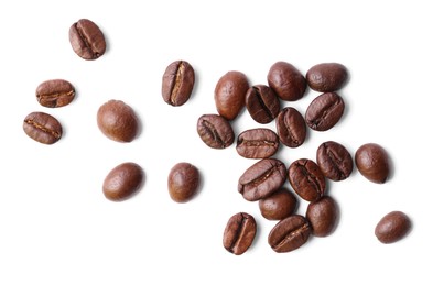 Many roasted coffee beans isolated on white, top view