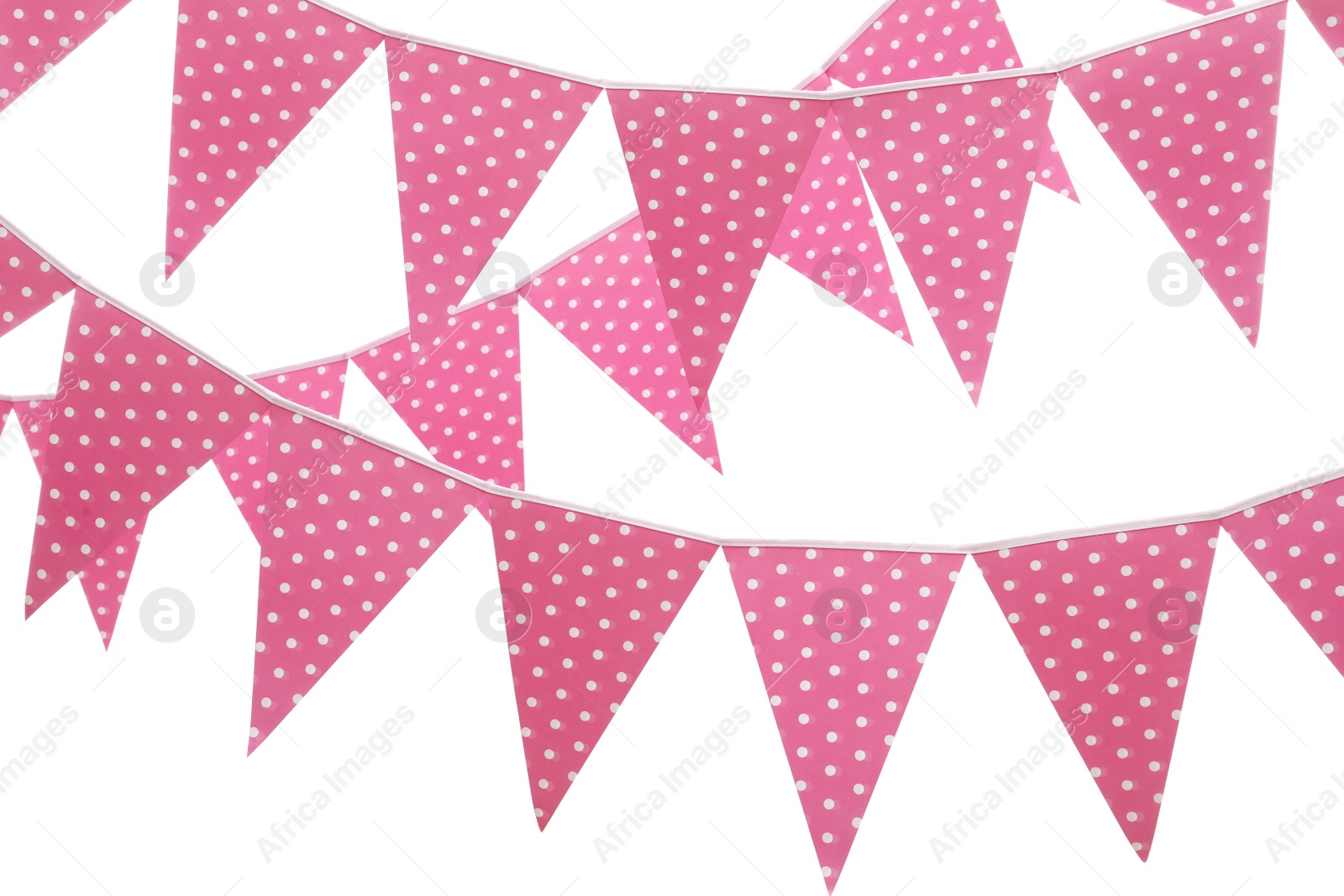 Photo of Rows of triangular bunting flags on white background. Festive decor